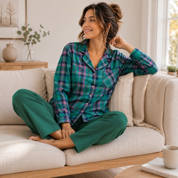 Victoria's Secret Other - Victoria's Secret Pajama Shirt Size L & Hair Scrunchie Green Pink Plaid Flannel